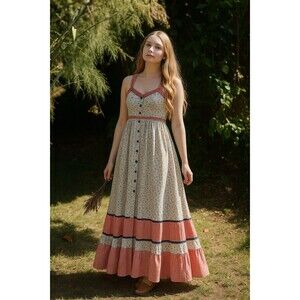 1970s GUNNE SAX Cabbage Rose Cotton Corset Button Sleeveless Maxi Dress Size 9